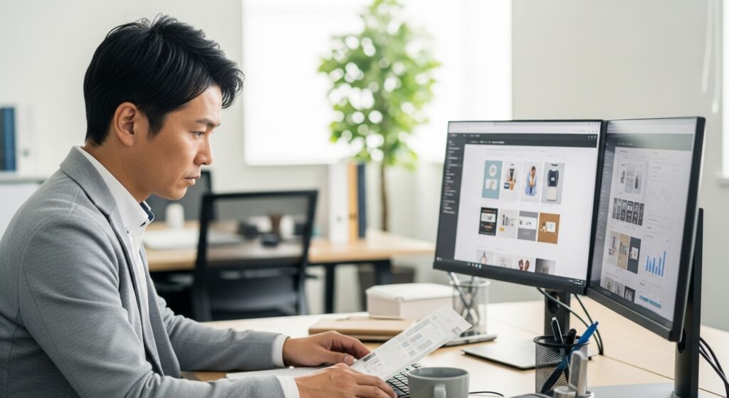 男性EC担当者がデュアルモニターでページ確認