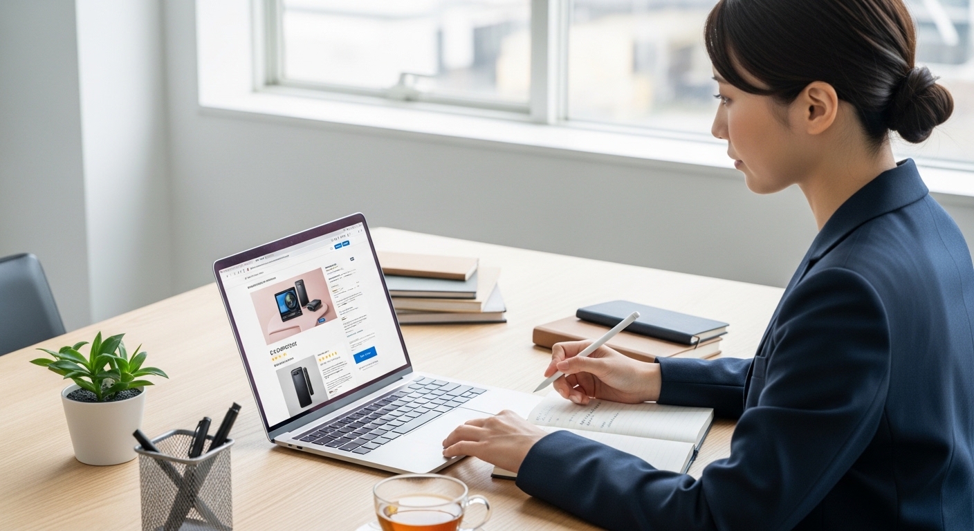 ECサイトの商品ページを確認するビジネスパーソン