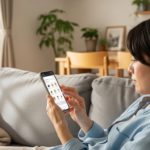 自宅でくつろぎながらスマホでオンラインショッピングをしている人