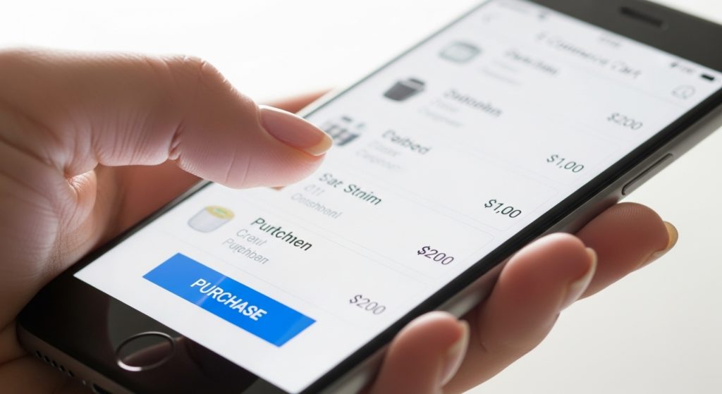 スマホのカートページで購入ボタンをタップする手元