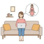 ECサイトの商品ページを見ながらワンピースを着た自分のイメージを想像しているユーザーのイラスト