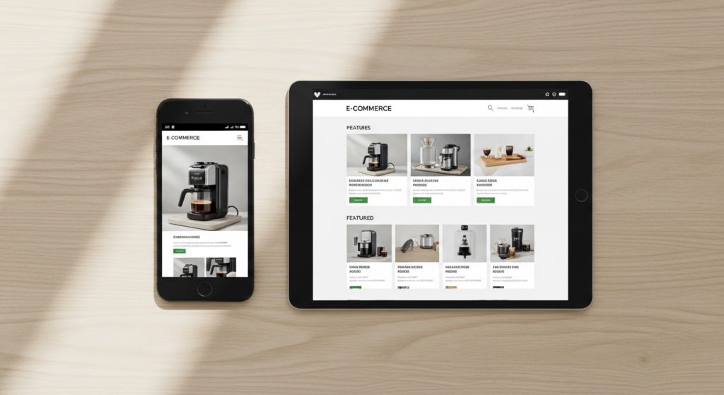 デスクに並んだスマホとタブレットにECサイトの複数ページが表示されている様子