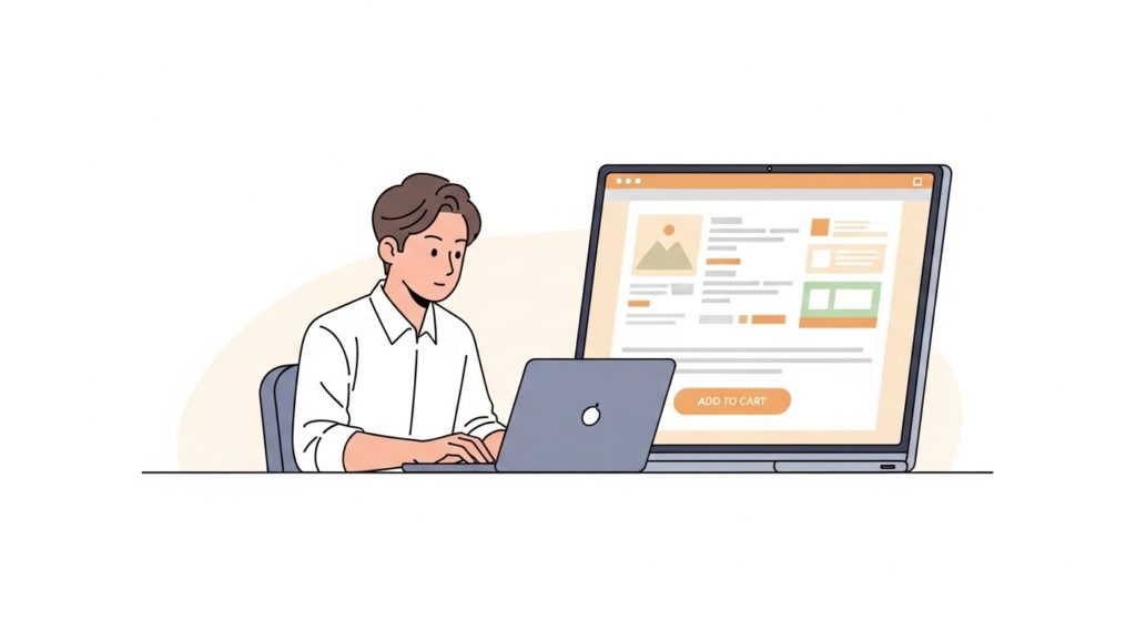 EC担当者が商品ページ構成を設計しているイメージイラスト